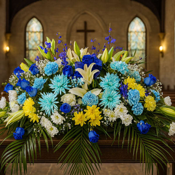 Large blue, white, and yellow floral arrangement on a casket in a church