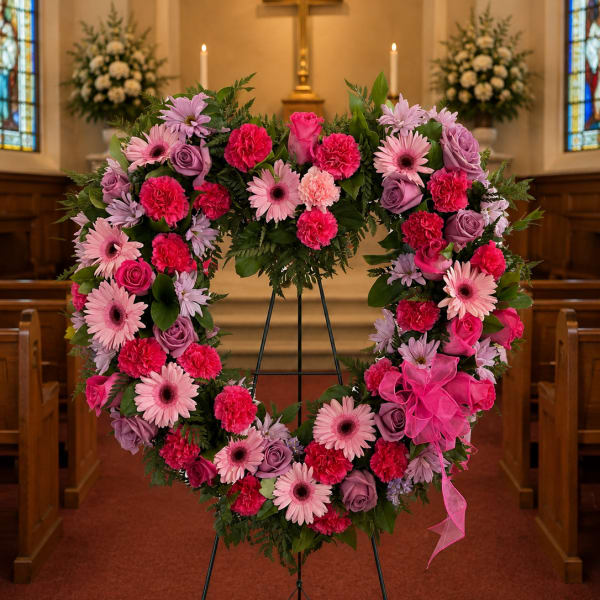 Heart-shaped floral wreath with pink and purple flowers on a stand