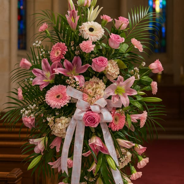 Large pink floral standing spray with lilies, roses, and gerbera daisies