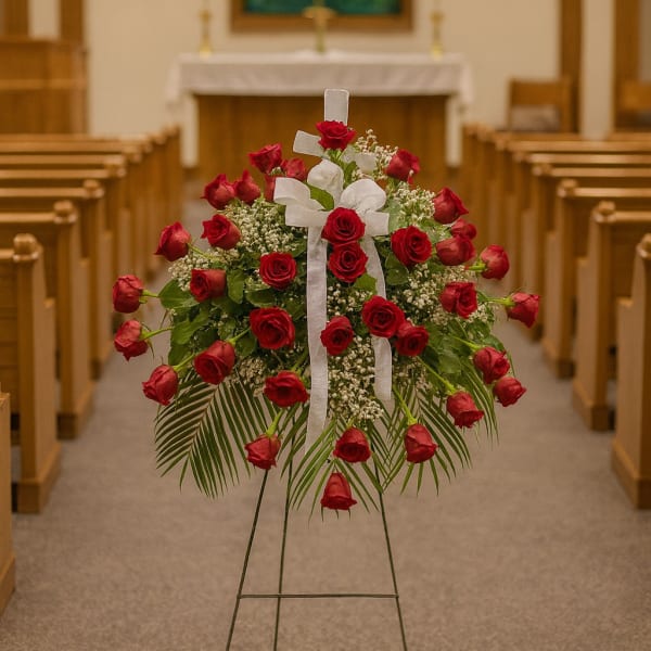 Red rose standing spray with white ribbon in a church aisle