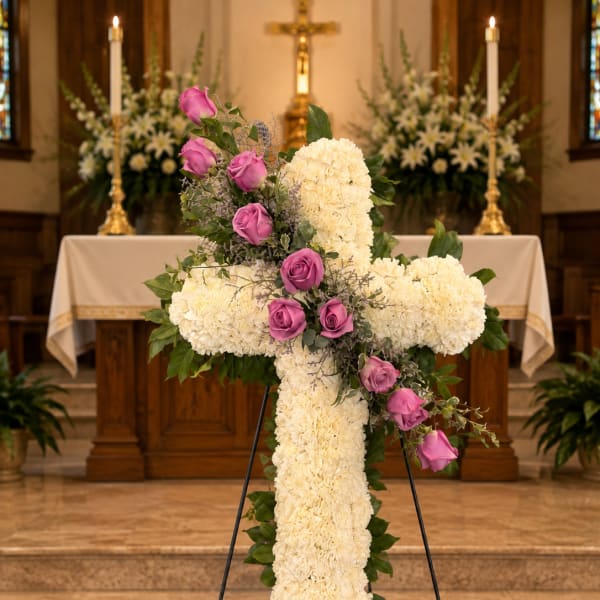 White floral cross with pink roses on an easel in a church