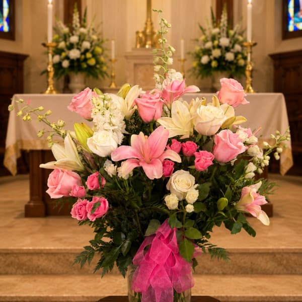 Pink and white floral arrangement in a glass vase with a pink ribbon
