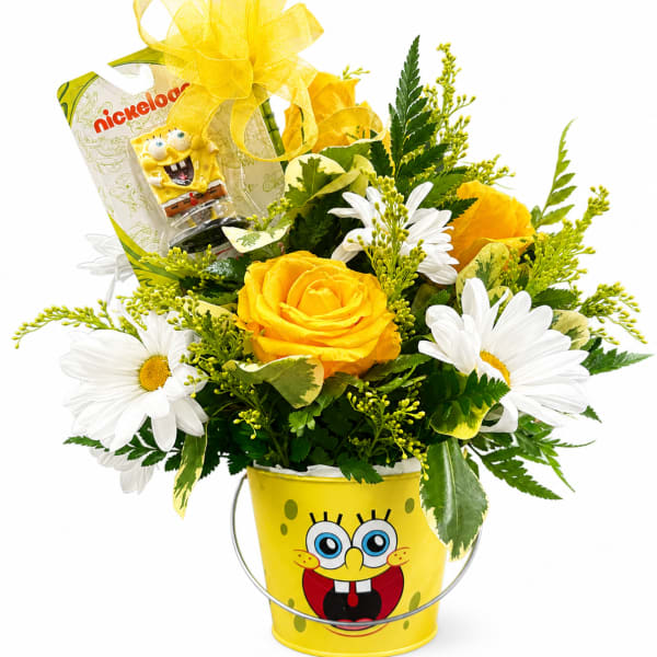 Yellow rose and white daisies in a SpongeBob bucket with a gift card