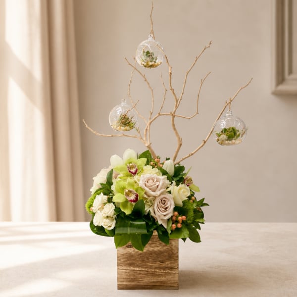 Wedding floral arrangement with roses and orchids in a wooden box, topped with hanging glass terrariums