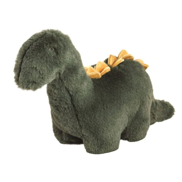 Plush dinosaur toy with green fur and yellow back spikes