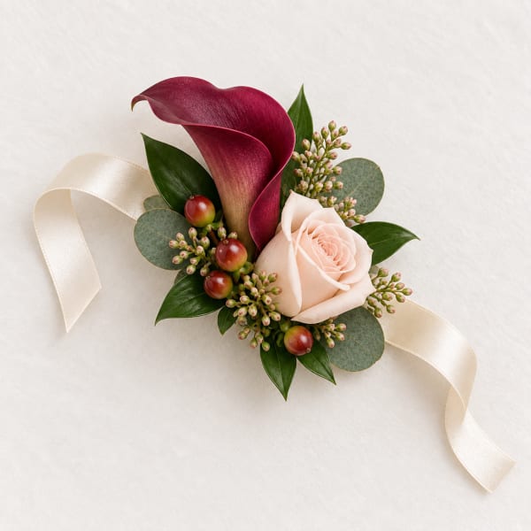 Wedding boutonniere with burgundy calla lily and blush rose