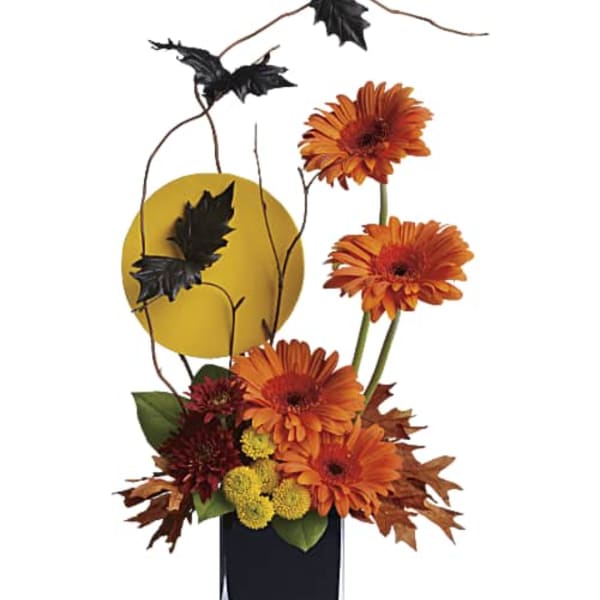 Orange gerbera daisies in a black vase with black leaf accents and a yellow circle backdrop