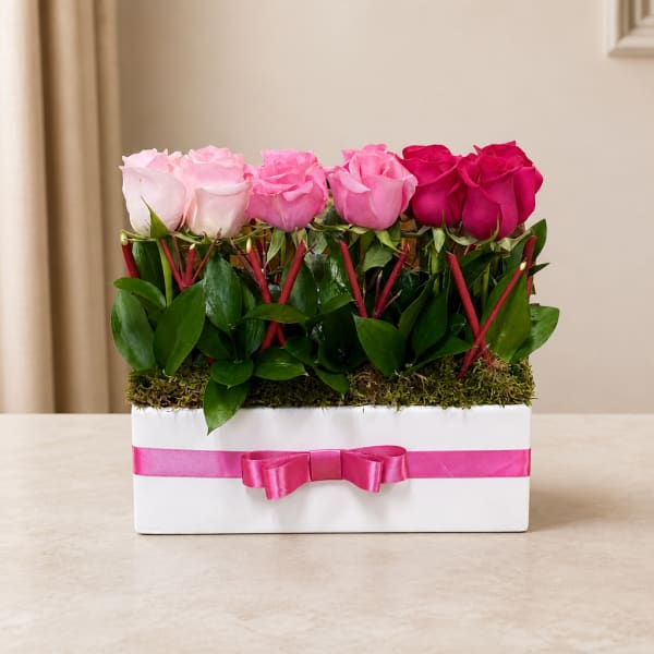Pink and white roses arranged in a white box with a pink ribbon