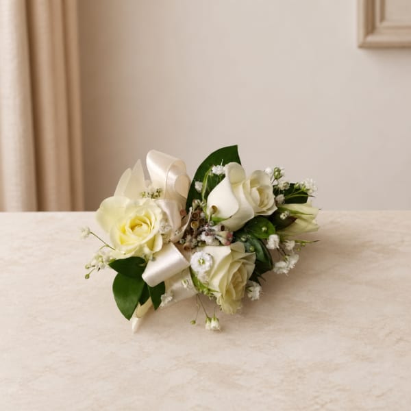 White rose bridal bouquet with satin ribbon and baby's breath