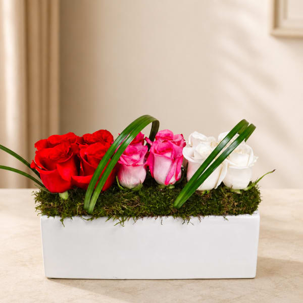 Red, pink, and white roses in a white rectangular planter