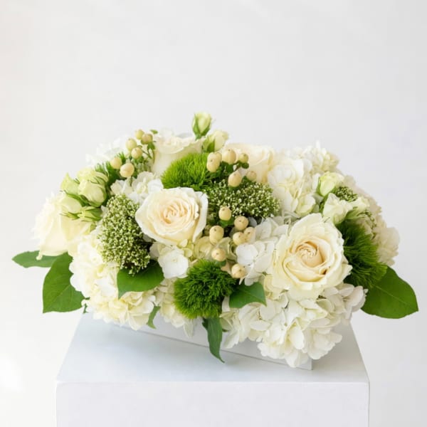 White rose and hydrangea arrangement with green accents in a low box