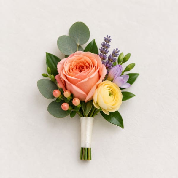 Small bouquet with peach and yellow roses and purple accents