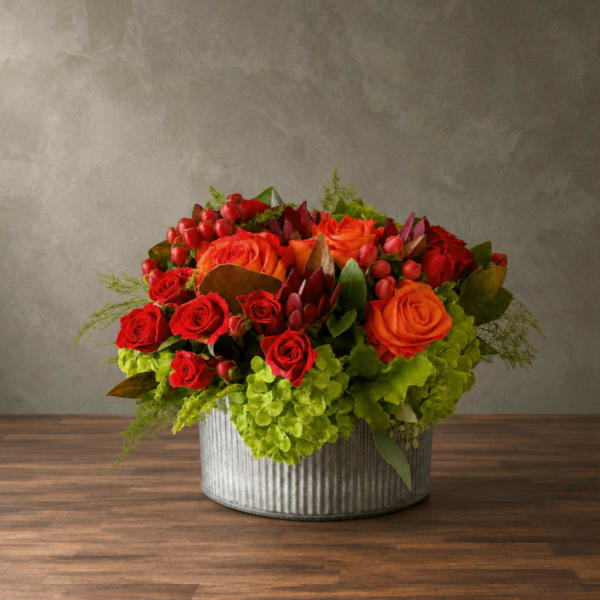 Red and orange roses arranged in a metal container with green hydrangeas