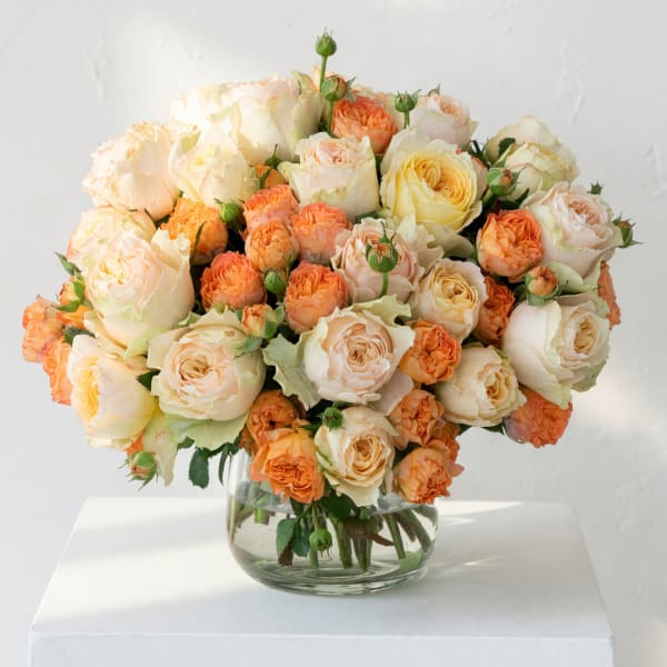Peach and cream roses arranged in a clear glass vase