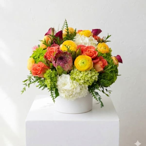 Colorful bouquet in a white round box with yellow, coral, white, and magenta blooms