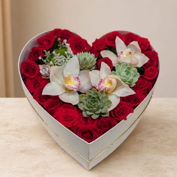 Heart-shaped box of red roses with white orchids and succulents