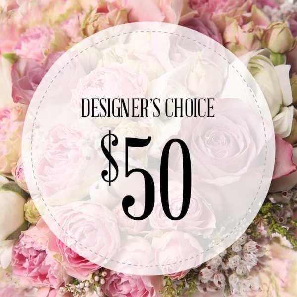 Pink and white rose bouquet with a $50 designer's choice label