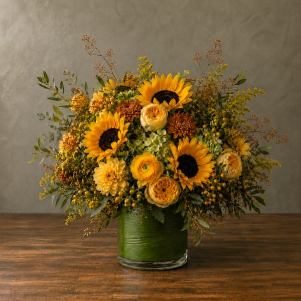 Sunflower and yellow flower arrangement in a green glass vase