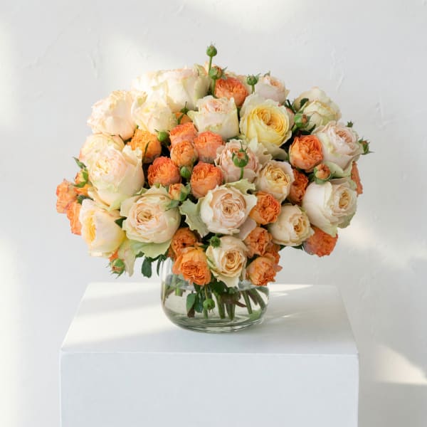 Peach and cream roses arranged in a clear glass vase