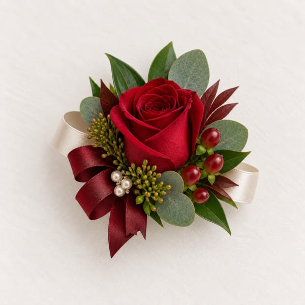 Red rose corsage with ribbon and berries
