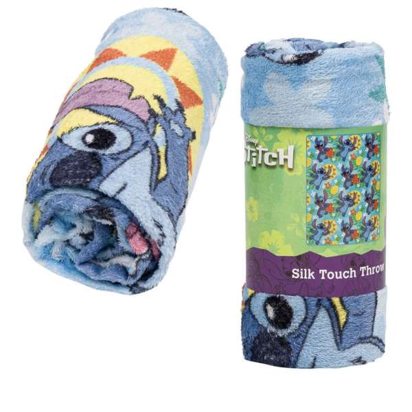Rolled blue Stitch-themed plush throw blanket with packaging