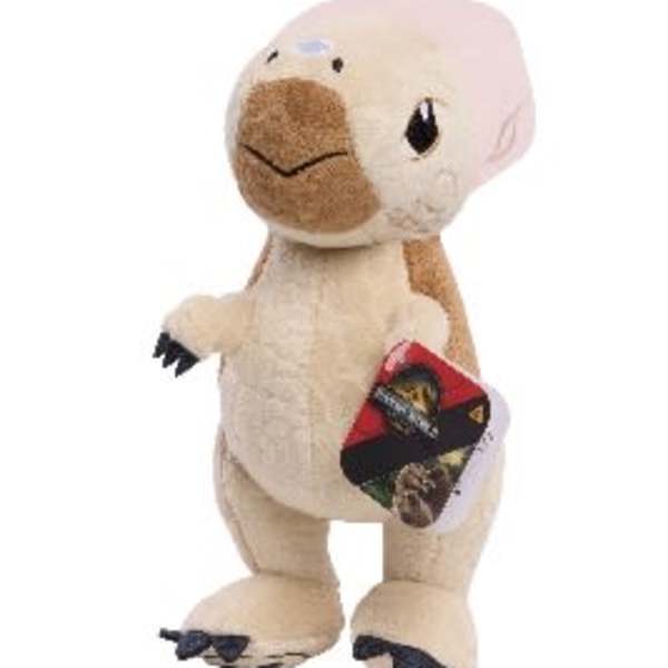 Plush dinosaur toy holding a small card