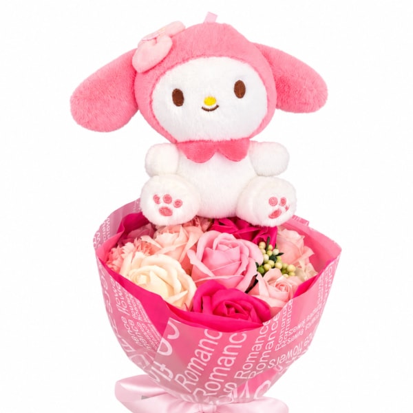 Pink plush character sitting on a bouquet of pink and cream roses