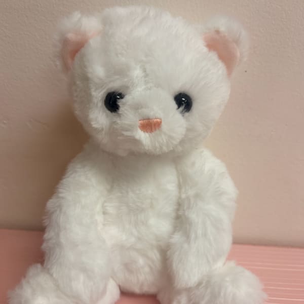White plush teddy bear with pink ears and nose