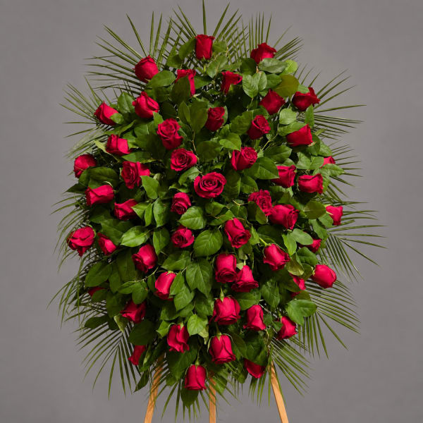 Standing spray of red roses with palm fronds on a gray background