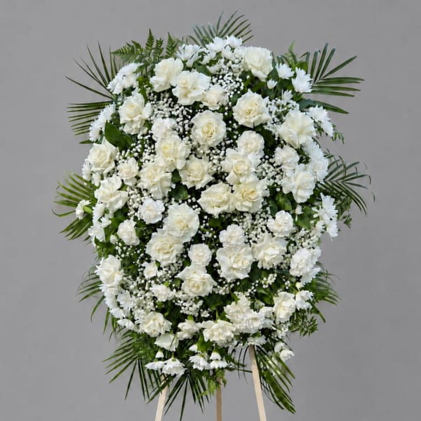 White floral standing spray with roses and daisies on an easel