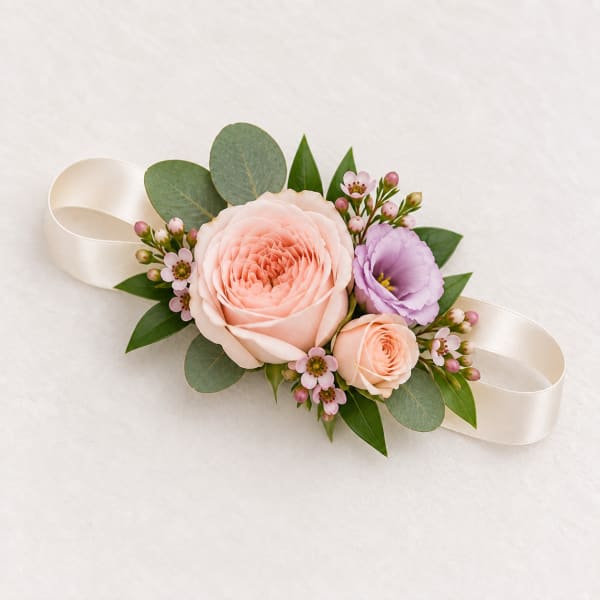 Peach and lavender floral wrist corsage with ribbon