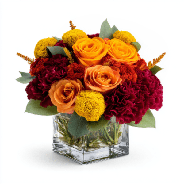 Orange roses and burgundy carnations in a clear square vase
