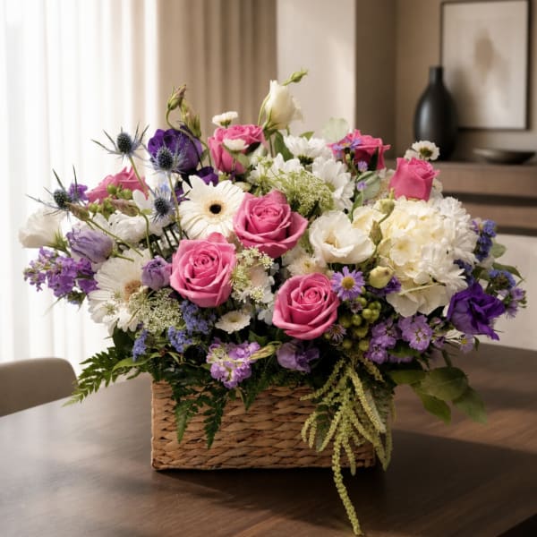 Basket arrangement of pink, white, and purple flowers