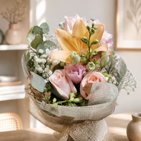 Bouquet of pink roses and a yellow lily wrapped in paper