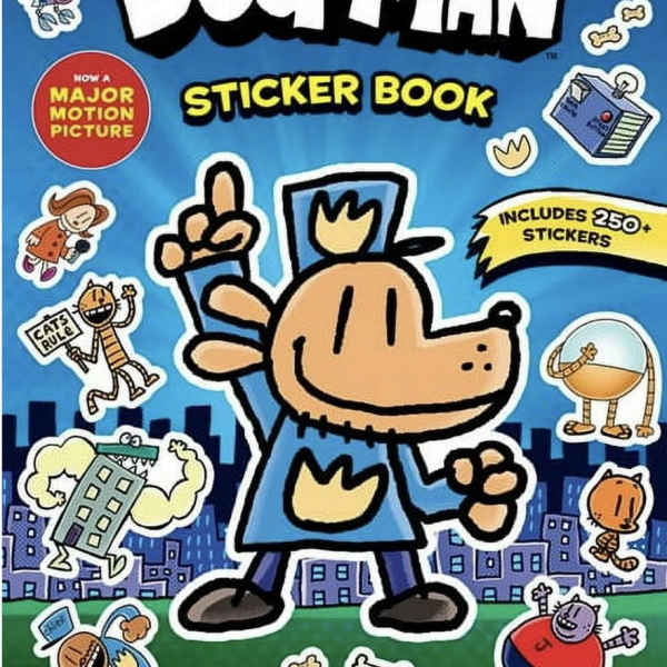 Dog Man sticker book cover with cartoon characters on a blue background