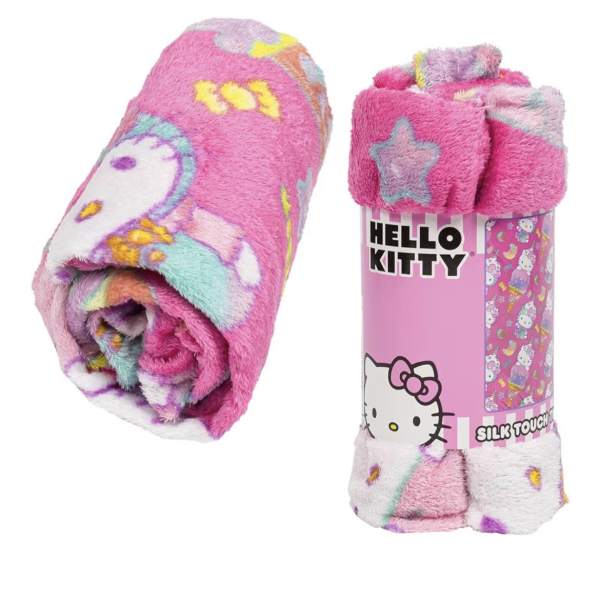 Rolled pink Hello Kitty plush blanket with a matching packaged blanket