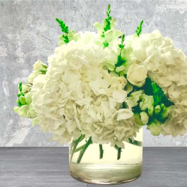 White hydrangea bouquet in a clear glass vase
