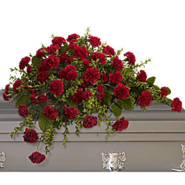 Red carnation casket spray with trailing greenery