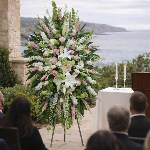 Tall wedding floral arrangement with pink and white flowers on an easel