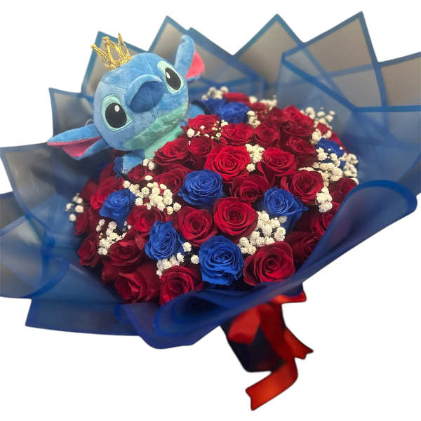 Bouquet of red and blue roses with a Stitch plush topper