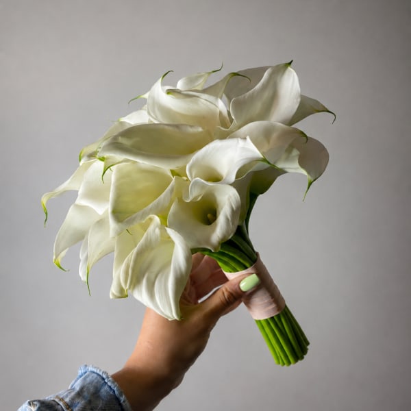 Hand holding a bouquet of white calla lilies