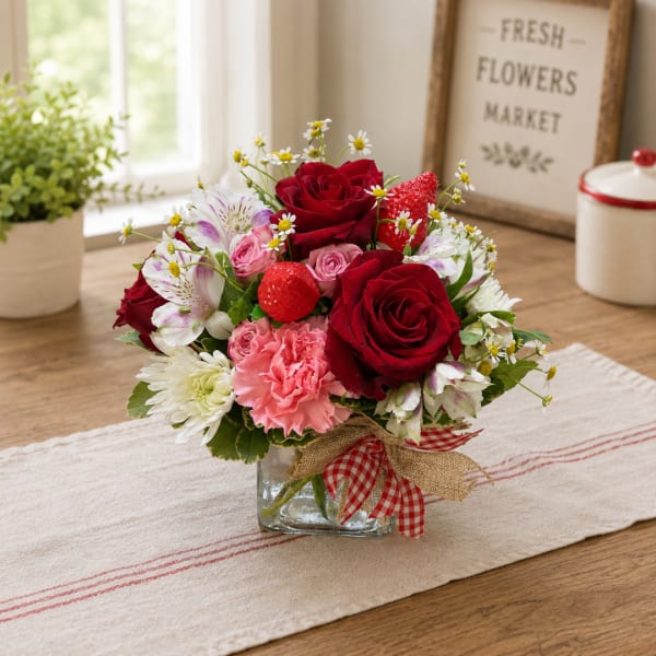 Bouquet of red and pink roses with daisies in a glass vase