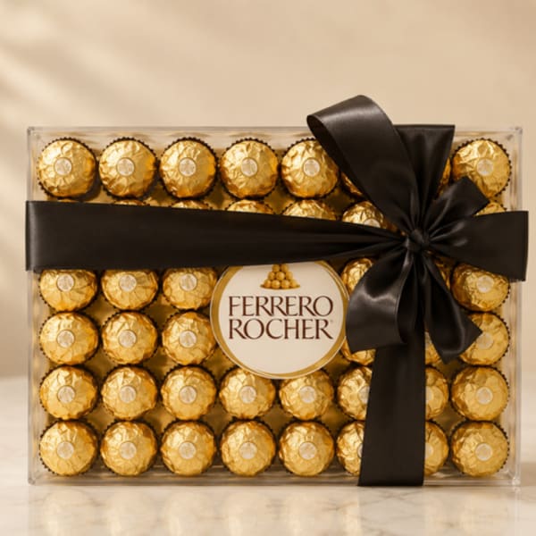 Box of Ferrero Rocher chocolates tied with a black ribbon