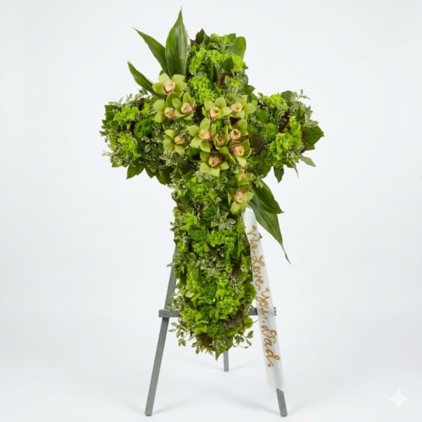 Green floral standing cross on an easel with a ribbon