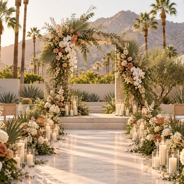 Floral wedding arch and aisle arrangements with candles outdoors