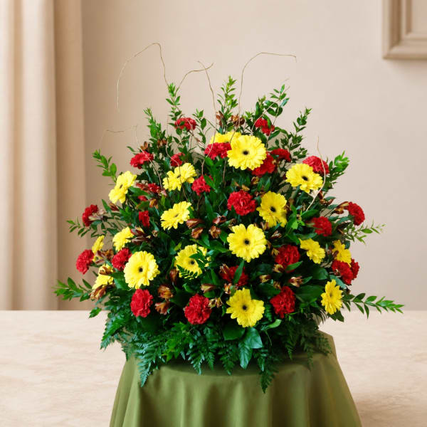 Large red and yellow floral arrangement in a low container