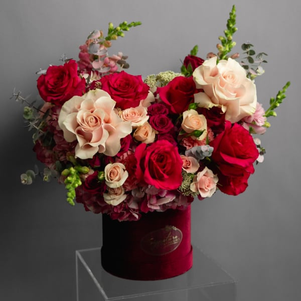 Red and blush roses arranged in a burgundy hat box