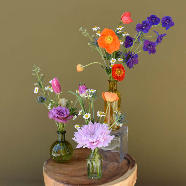 Trio of Fresh Flowers in Bud Vases