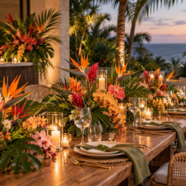 Tropical floral centerpieces on a candlelit outdoor dining table by the ocean