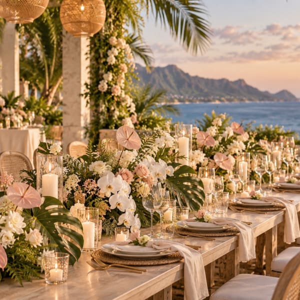 Elegant floral tablescape with white orchids, blush flowers, and candles by the sea